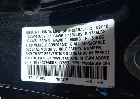 2016 Honda Civic Lx z USA, uszkodzony, nr VIN 19XFC2F58GE027593